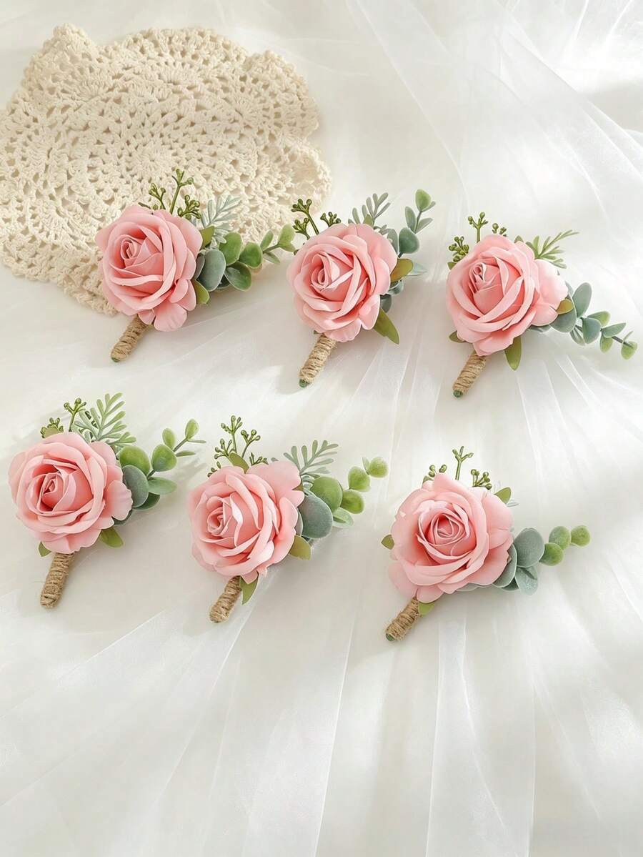1pc/6pcs Pink Princess Rose Corsage With White Baby's Breath And Artificial Greenery, Romantic Men's Boutonniere, Suitable For Wedding Decor, Party, Daily Wear, Valentine's Day Accessory - Flesh Pink - View 1