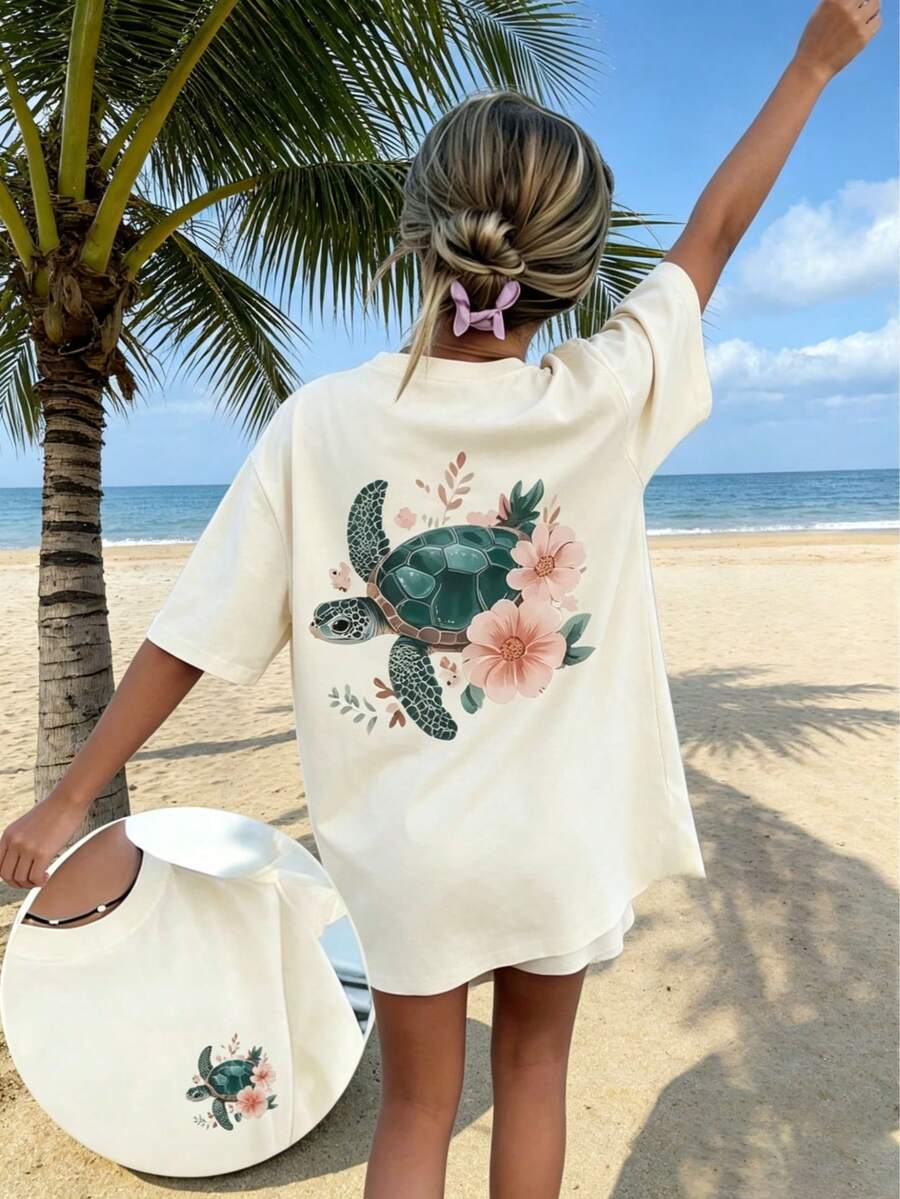 1 Stück Stück bedrucktes Kurzarm-T-Shirt für Tween-Mädchen, Sommer-Top, Layering-Teil für Herbst/Winter, INS lässige Streetwear für Strandurlaub, Flughafen, Frühstück, Schule und Alltag, vielseitig kombinierbar - Aprikosenfarben - Übersicht 1