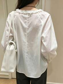 Korean Style Gentle Elegant V-Neck Ruffle Lace Tie-Front Versatile Solid Color Blouse White - White - View 8