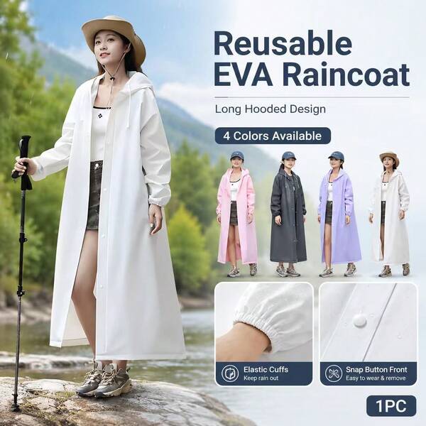 4PCS Long Hooded EVA Raincoat, Adult Unisex Lightweight Rainwear With Matte Finish, Snap Closure And Elastic Sleeve Cuffs For Travel, Hiking And Daily Commute