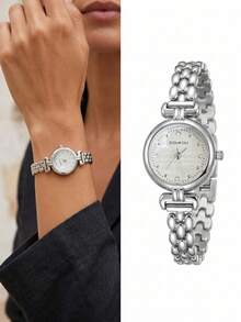 Women's Fashion Minimalist Round Center Pattern Mixed Rhinestone Heart-Shaped Quartz Watch 1pc/Set - Gold - View 14