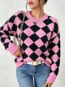 Große Größen Rosa & Schwarz Argyle Muster Rundhals Langarm Pullover für Frauen, perfekt für Winter & Preppy Stil Urlaub Herbst - Verschiedenfarbig - Übersicht 4