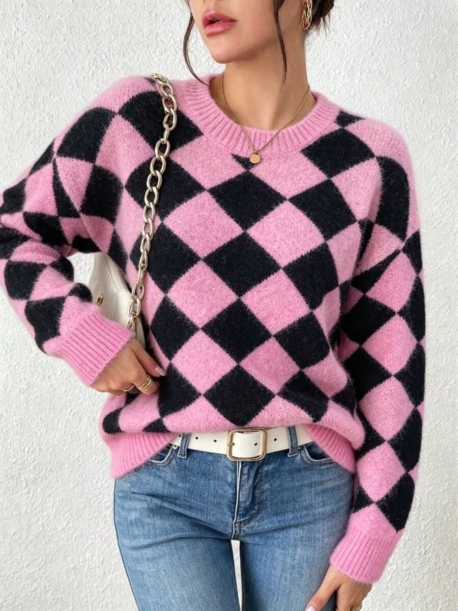 Plus Size Fall Winter New Arrival Street Date Checkered Retro Slouchy Style Drop Shoulder Crew Neck Knit Pullover Vacation - Multicolor - View 1