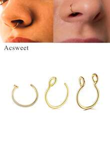 3Pcs Stainless Steel Fake Nose Rings Unisex Septum C-Shaped Clip Rings No Piercing Required Fake Piercing Jewelry Daily Gift Nose Piercings - Yellow Gold - View 6
