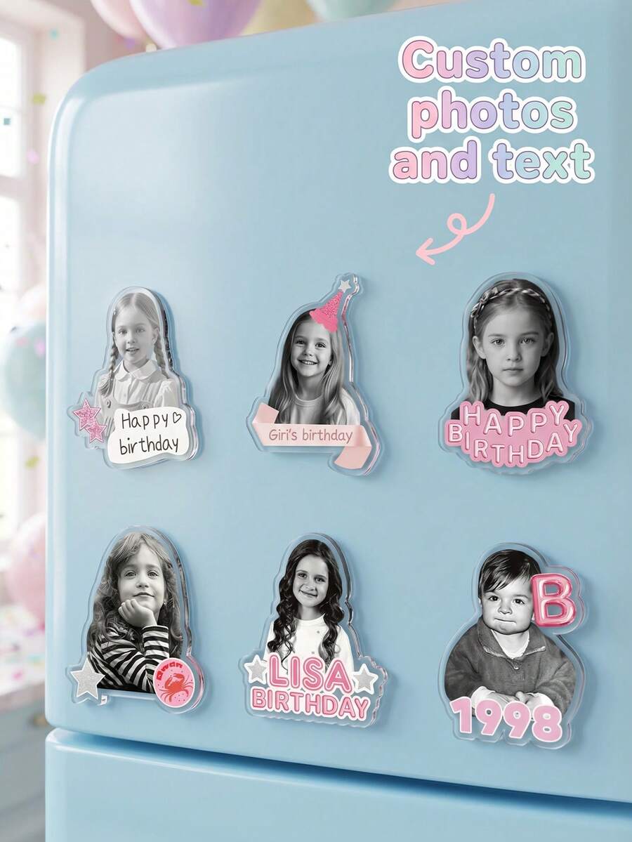 1pc Custom Photo And Text Birthday Fridge Magnet,Personalized Kids Portrait Refrigerator Sticker,Custom Happy Birthday Decor Cute Pink Magnet - Multicolor - View 1
