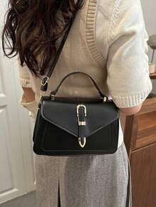 Dedoo Minimalist Flap Handbag, Metal Clasp Closure, With Top Handle And Adjustable Crossbody Strap, Rectangular Medium Size Daily Shoulder Bag, For Women - Black - View 5