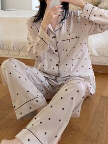 Women's 2-Piece Star & Polka Dot Print Romantic Loungewear Set, Ramadan Lapel Cardigan, Long Sleeve Pants Pajama Set, All Season - Light Grey - View 6