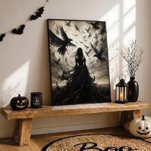 1pc Canvas Wall Art, Framed Wall Decor, Vintage Gothic Style Crows And Black Clothed Woman Canvas Painting, Dark Academia Atmosphere Oil Painting Print, Thriller Dark Pastoral Style Modern Home Decor, Room Decor, Dorm Decor, Bedroom Decor, Bathroom Decor, Kitchen Decor, Dining Room Decor, Living Room Decor, Office Decor, School Decor, Classroom Decor, Back To School Decor - Raven Girl - View 7