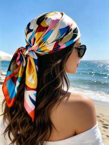 Pañuelo de satén con estampado geométrico abstracto colorido para mujer, banda de cabello cuadrada de seda extragrande, accesorio multifuncional de protección solar, adecuado para vacaciones en la playa, piscina, resort tropical y festival de música - Multicolor - Ver 2