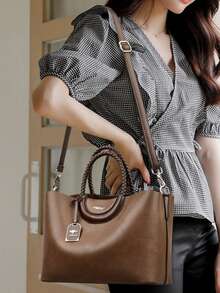 Fashionable Women's PU Leather Large Capacity Tote Bag, Solid Color Shoulder & Crossbody Bag, Suitable For Commute And Party - Brown - View 10