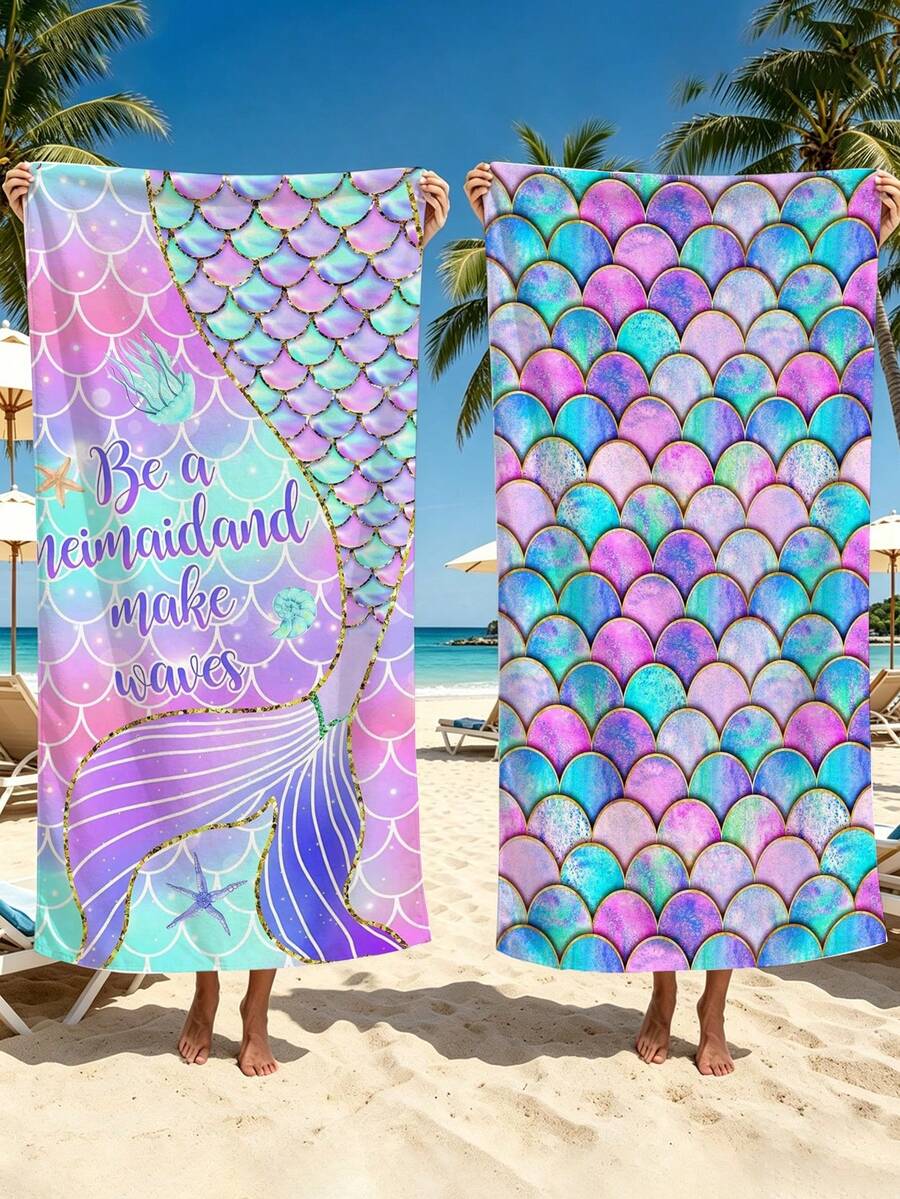 2PCS Mermaid Beach Towels Thin Quick Dry Pool Towel 35"X 70" Microfiber Bath Travel Towels For Women Yoga Sports Bath Towels Gifts - Purple - View 1