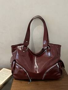 Vintage Large Capacity Tote Bag For Women, New Popular Minimalist Commuter Shoulder Bag - Red - View 5