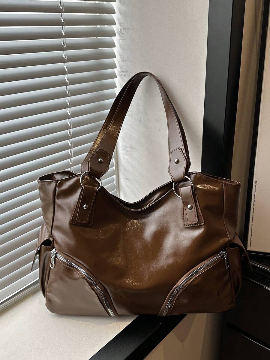 Vintage Large Capacity Handbag For Women, New Popular Minimalist Commuter Shoulder Tote Bag - Brown - View 1