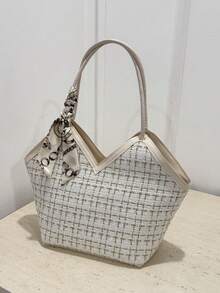 Sac cabas d'épaule en tweed avec décoration de nœud, léger et portable, style décontracté et mode, motif à carreaux, écharpe fine décorative, pour filles, femmes et étudiantes - Blanc - Voir 1