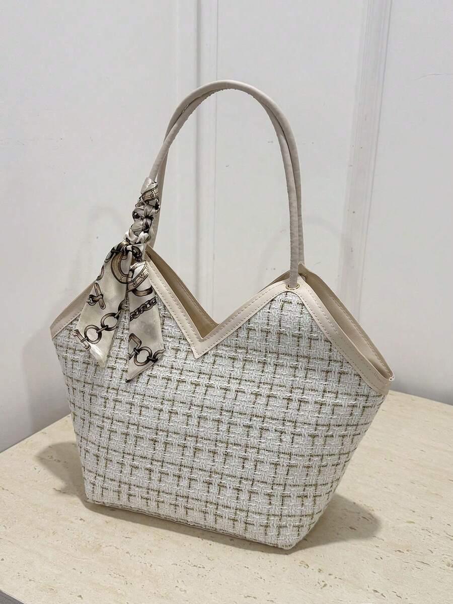 Sac cabas d'épaule en tweed avec décoration de nœud, léger et portable, style décontracté et mode, motif à carreaux, écharpe fine décorative, pour filles, femmes et étudiantes - Blanc - Voir 1