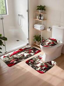 1/4pcs Red Mushroom Fairy Tale Castle Dreamy Mushroom Forest Autumn Bathroom Set, Includes Shower Curtain, Bath Mat, U-Shaped Mat, Toilet Lid Cover And 12 Hooks, Polyester Fiber Machine Washable Matching Decor, Shower Curtain, Waffle Weave Shower Curtain, Hookless Shower Curtain, Suitable For Halloween, Christmas, Autumn, Summer And Other Seasonal Holidays - Multicolor - View 5