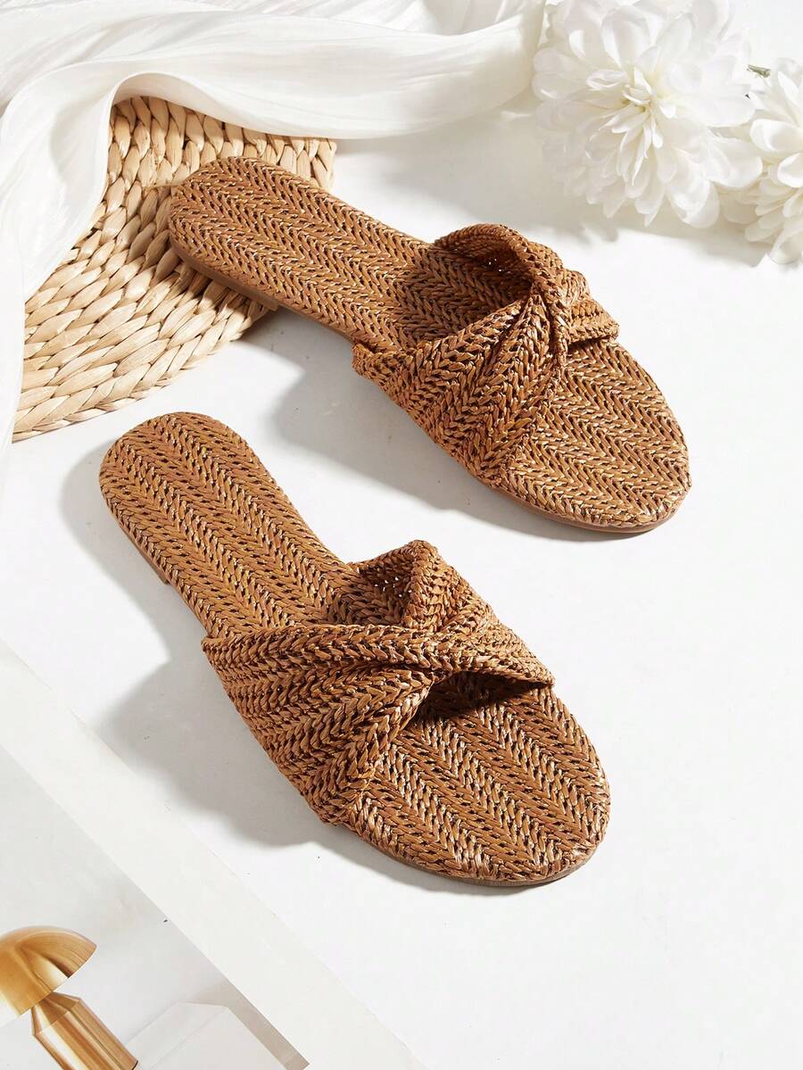 Brown Straw Woven Handmade Twisted Decor Flat Sandals For Women, Bohemian Style, Vacation Style, Daily Wear, Versatile, Random Twisted Direction And Pattern, Random Straw Woven Texture - Brown - View 1