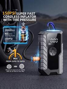 Arrancador de batería de coche con compresor de aire de 150PSI, arrancador de coche portátil con función de apagado automático, bomba infladora de batería de coche, cables de arranque e iluminación - GL901 - Ver 7