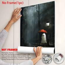 1pc Halloween WAITING Spooky Art Print With Cute Ghost In The Rain Canvas Wall Art, Goth, Macabre, Horror, Haunted Posters For Room,Halloween Print Home Decor, Room Decor Aesthetic,Room Decoration Stuff, Living Room Decor, Optional Frame - Multicolor - View 4