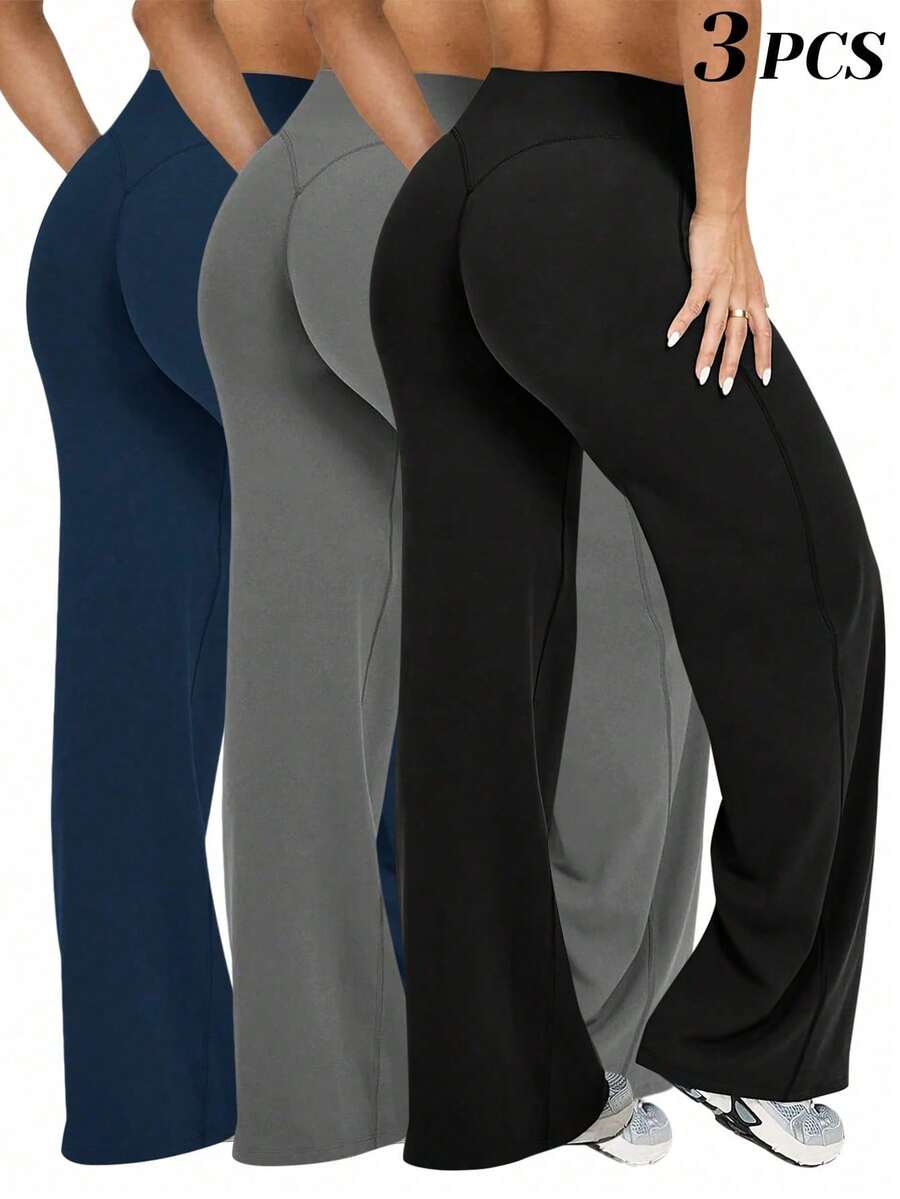 3pcs/Set High Waist Flared Leggings, Loose Straight Wide Leg Pants, Tummy Control Butt Lift Yoga Pants, Soft Comfortable. Wide Leg Pants Fall - Multicolor - View 1