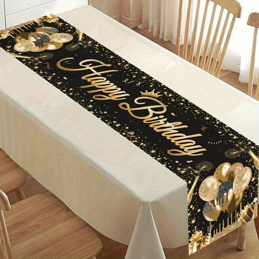 1pc 13.78*70.87 Inch Black & Gold Polyester Tablecloth, Suitable For Birthday, Wedding, Family Holiday Party And Dining Table Decoration, Includes Disposable Table Runner - Multicolor - View 1