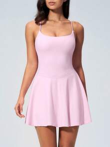 NcmRyu 1pc Women Hollow Out Asymmetrical Hem Waist Cinched Mini Dress Sports - Pink - View 7