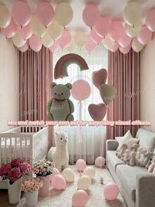 7pcs/5pcs Dreamy Creamy Bear Balloon Set, Matte Pink Rainbow Balloons, 24-Inch Transparent Non-Stretch Bobo Balloons, 18-Inch Macaron Pink Latex Balloons, 18-Inch Macaron Pink And Creamy Heart-Shaped Foil Balloons, Exquisite Decorations For Baby Shower Party And Birthday Celebration - Multicolor - View 4