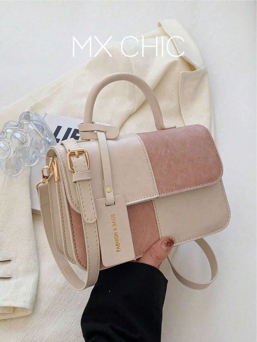 1件女款拼色PU皮革手提包，時尚多隔層單肩斜跨包，適合購物、通勤、送禮 - 彩色 - 查看 1