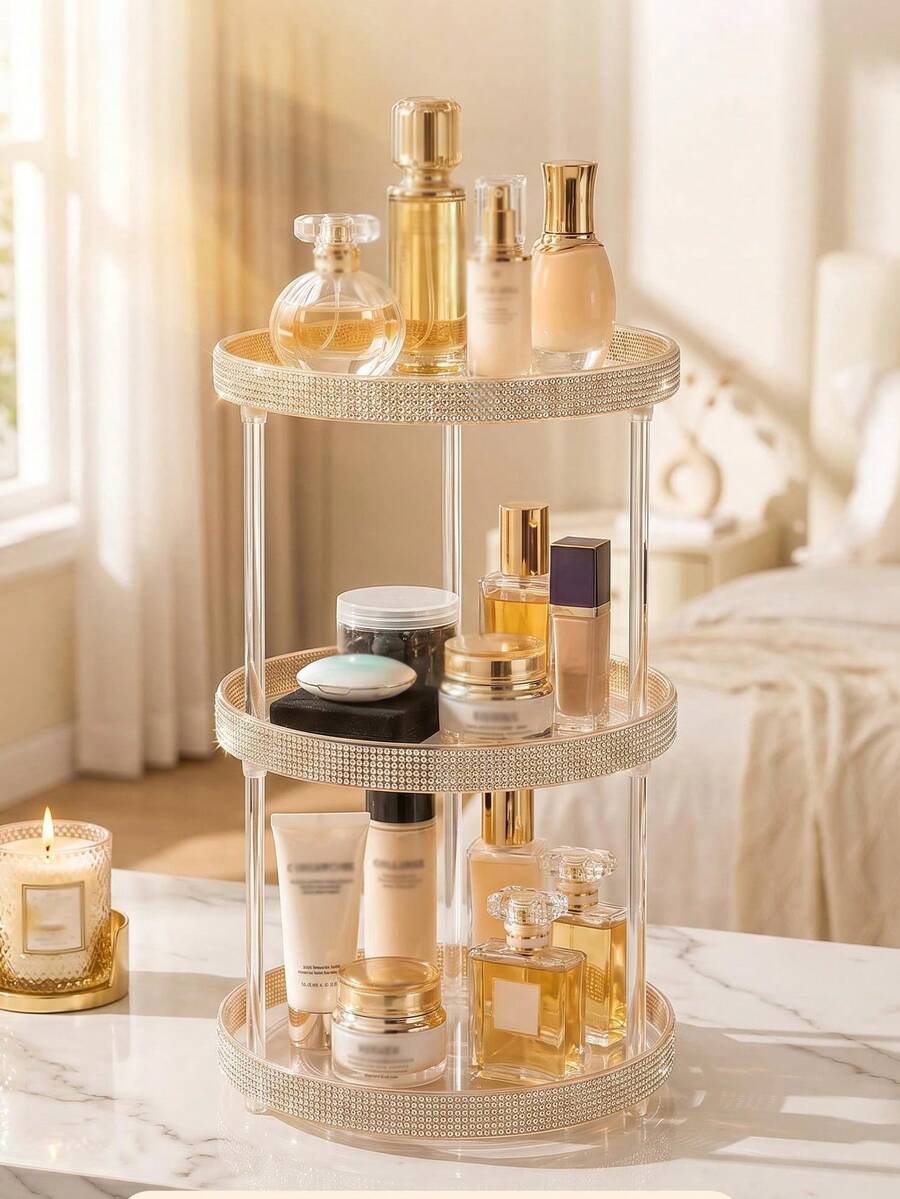 1 pieza Organizador de maquillaje multifuncional con decoración de diamantes de imitación y rotación de 360°, estante de almacenamiento de cosméticos con rotación de 360° y diamantes de imitación, organizador de tocador y cuidado de la piel de doble capa, bandeja de almacenamiento giratoria con diamantes de imitación rosa brillante y estilo femenino, organizador de escritorio de gran capacidad para cuidado de la piel, lápiz labial y maquillaje - Multicolor - Ver 1