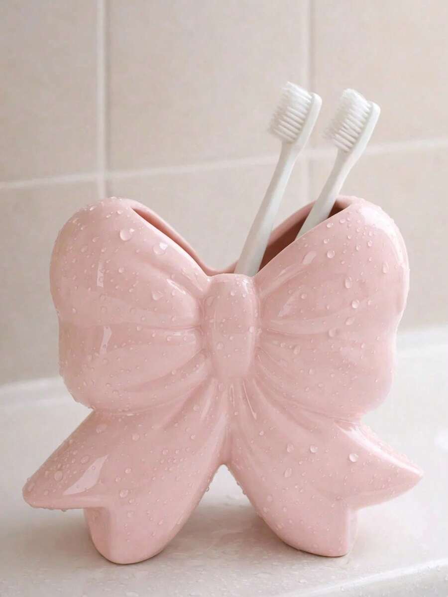 1pc Bowknot Toothbrush Holder, Cute Pink Decorative Bathroom Toothbrush Storage Organizer, Suitable For Vanity Countertop - Multicolor - View 1