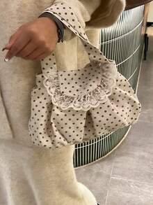 韓系小眾設計 Ins 風波點蕾絲甜美女款手提肩背包，溫柔百搭時尚通勤出遊日常購物極簡手提肩背包 - 白色 - 查看 2