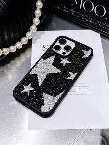 1 pièce Étui de protection pour téléphone avec trou pour objectif, entièrement clouté d'étoiles scintillantes, de style minimaliste et à la mode, compatible avec les séries 17, 16, 15 Pro Max, 14, 13, 12, 11 - Argent - Voir 3