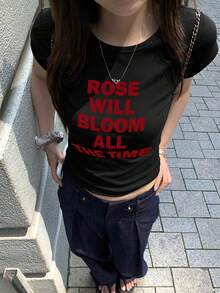 女款圓領短袖T恤，夏季新款字母印花，美式辣妹風，時尚休閒百搭修身短版上衣 - 高級黑色 - 查看 10