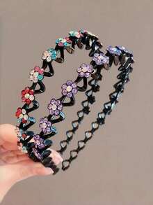 2pcs Girls Exquisite Sparkling Rhinestone Flower Decor Non-Slip Headband, Suitable For Daily Wear, Party And Special Occasions - Random Color - Multicolor - View 3