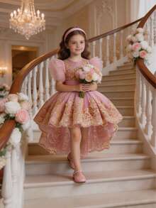 Girls' Elegant Flutter Sleeve Gold Thread Embroidered Train Dress, Puff Skirt Party Dress, Wedding Flower Girl Dress, Evening Gown - Pink - View 6