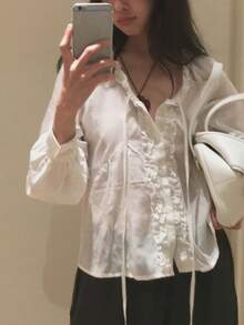 Korean Style Gentle Elegant V-Neck Ruffle Lace Tie-Front Versatile Solid Color Blouse White - White - View 5