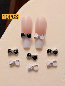 Black And White Bow Nail Art Decorations, 10pcs Set, Includes Rhinestone 3D Bow Press-On Decor, 3D Oil Drop Nail Gems, Charming Nail Accessories, Nail Supplies For Women And Girls, Suitable For Nail Art Creation, Nail Set, Nail Technician Supplies, Nail Art, Nail Charm - Multicolor - View 7