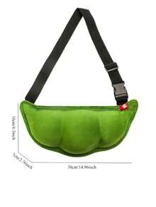 Funny Personalized Cute Pea One Shoulder Crossbody Chest Bag, Cute 3D Bean-Shaped Plush Crossbody Bag, Green Pea Pod Shoulder Bag With Zipper Closure, Creative Pea Pod Design, Suitable For Spring Outfits, Parties, Gifts, Bean Theme Shoulder Bag, Cute Green Soybean Shaped Crossbody Bag, Novelty Bag - Cute Pea-Shaped Fun Plush Chest Bag For Women, Suitable For Travel, Gatherings - Green - View 2