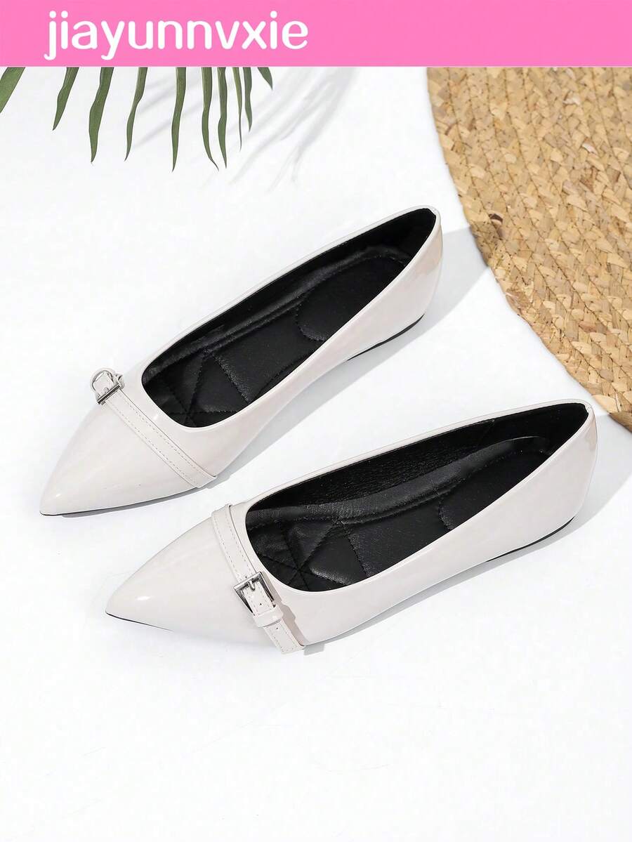 JiaYunNvXie 2025 Spring/Autumn New Work Mary Jane Shoes With Metal Chain, Pointed Toe, Low Vamp, Plus Size Women's Shoes