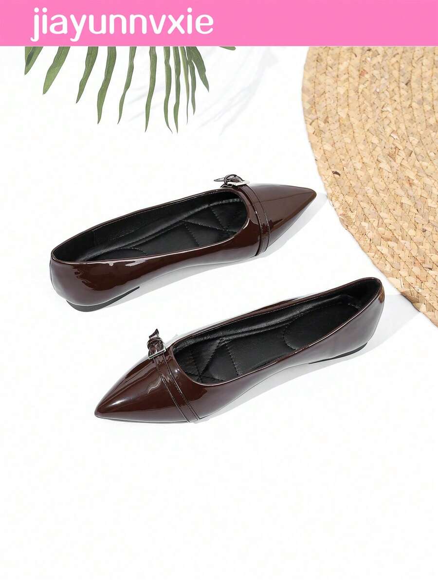 JiaYunNvXie 2025 Spring/Autumn New Work Mary Jane Shoes With Metal Chain, Pointed Toe, Low Vamp, Plus Size Women's Shoes