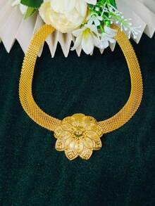 1 Necklace, 1 Pair Earrings, 1 Bracelet, 1 Ring Fashion Women's Gold-Plated Flower Pendant Jewelry Set 4pcs, Saudi Arabia, Middle East, Dubai, Europe, America, Africa, Bride, Wedding, Banquet, Date, Dress Accessories, Mother's Day, Valentine's Day, Wedding Season, Birthday, Music Festival, Holiday Gift, Daily Wear, Gift For Mom, Sister, Girlfriend - Yellow Gold - View 3