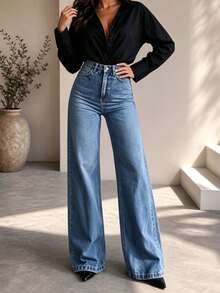 Women's Casual Washed Denim Wide Leg Pants, With Pockets, Long Length, Medium Stretch, All Season Fashion Style Fall - Medium Wash - View 6