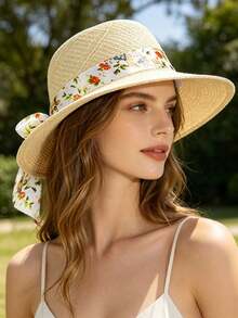 1件裝女款夏季草帽，附緞帶拉菲亞遮陽帽，時尚媽媽遮陽帽，可折疊 - 花草蝴蝶結米色草帽 - 查看 3
