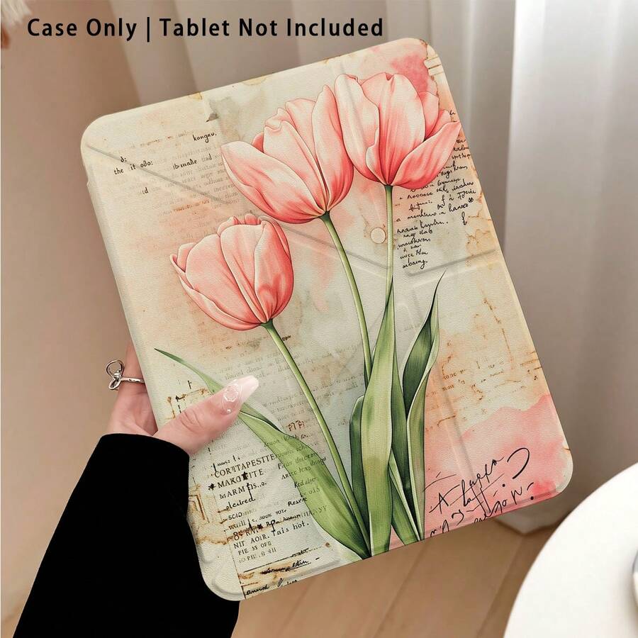 Pink Tulip And Other Pattern Painted Effect Tablet Protective Case With Stand, Compatible With Honor 8/9/10/X8/X8A/X9/X8Pro/X9Pro, MatePad SE 11"/MatePad 11"/11.5", MatePad Pro, Apple 10th/11th Gen 2025 (A16), Galaxy Tab A7/A9 And Other Popular Models - Style 30 - View 1