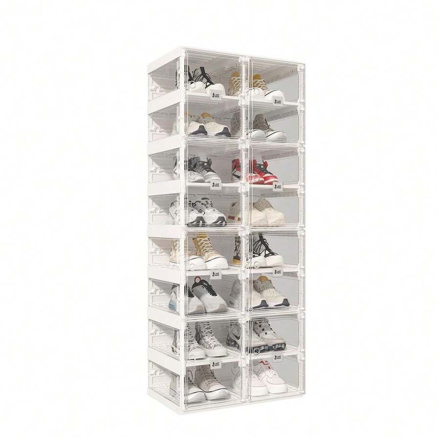 Collapsible Shoe Boxes Clear Plastic Stackable, Quick Setup Drop Front Shoe Organizer, Display Storage Cabinet For Sneakers10 T - 8 Tiers 16 Pairs - View 1