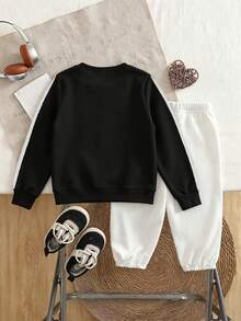 Baby Boy Cartoon Letter Print Crew Neck Sweatshirt And Pants Set - Black - View 3