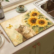 1pc Pet Sunflower Print Pattern Drainage Mat/Absorbent Mat/Drying Mat Coffee Machine Tableware Drying Mat - Absorbent Polyester Tabletop Protector With Rubber Non-Slip Backing, For Kitchen Countertop Decoration - Home Bar And Dining Table Placemat - Multicolor - View 4