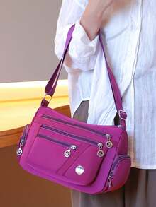 Zipper Crossbody Bag With Large Capacity And Adjustable Wide Strap, Women's Casual Satchel - Purple - View 3