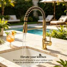 Gold Spring Pull Out Kitchen Sink Faucet, Single Handle Brass Kitchen Mixer Tap - Multicolor - View 2