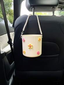 Flower Car Trash Can, Faux Pearl Hanging Chain, ABS Material Car Back Seat Hanging Trash Can, Car Storage Bin Multi-Function Storage Bucket Car Cleaning Bucket Material Accessories. - Flowers - View 8